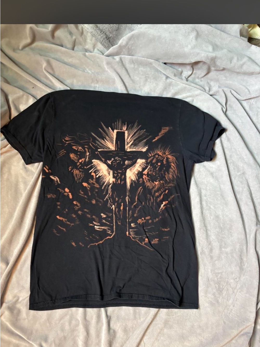 Custom Black Graphic Cross & Lion Short-Sleeve Women’s Shirt